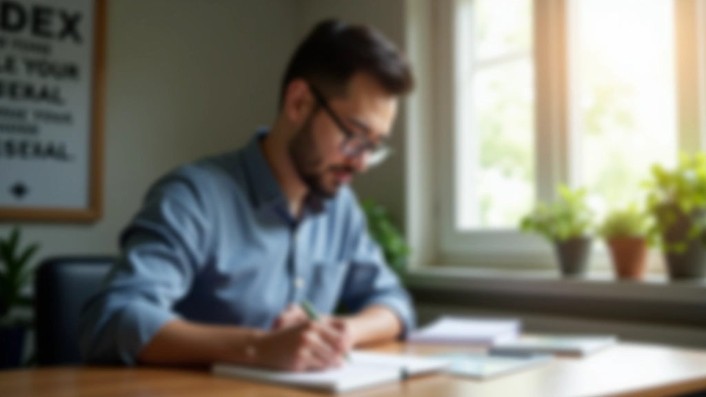 Person sitting at desk writing goals in notebook with motivational quotes on wall