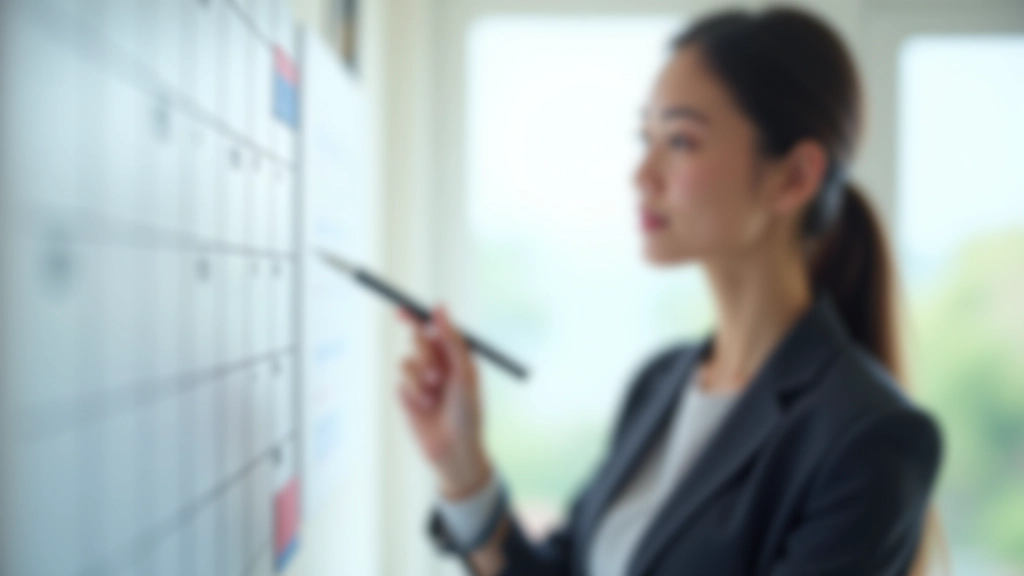 Woman looking at calendar and planning schedule with realistic timeline marked in monthly sections